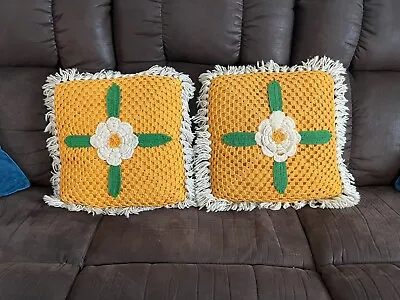 Vintage Set Of 2 Large Square Hand Crocheted Pillow Afghan Orange W/ Flower • $18