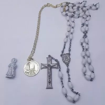 Vintage Lot Prayer Rosary Catholic White Lady Fatima Gold Tone Necklace BinX • $11.29