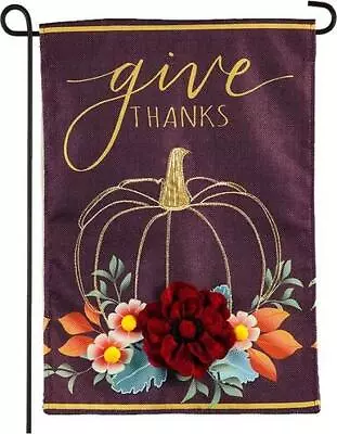 Burlap Give Thanks Floral Pumpkin Garden Flag • $19.44