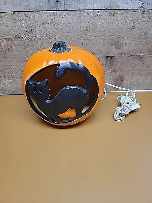 Vintage Gemmy Halloween Pumpkin Scare Cat Plastic Lighted Light Up Blow Mold • $34.99