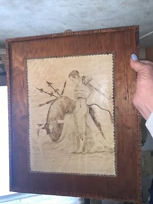 Vintage Bullfighter Painting~Burnt Leather Technique~Wood Mount~Matador~Choice • $179
