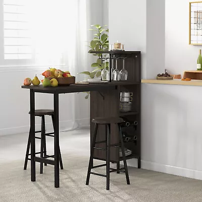 3PCS Bar Table & Chair Set Industrial Pub Table & Stools W/Wine Glass Holders • $129.99