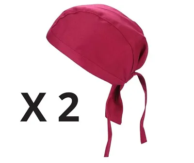 X 2 Unisex Chefs Hat Cap Kitchen Catering Red Ribbon Turban Headcover Bandana • £9.99