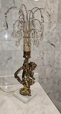 Vintage Brass Cherub Angel Crystal Waterfall Lamp W/ Marble Base 21.5  • $129.99