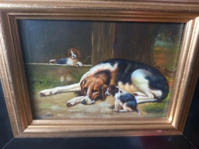 £92.57 • Buy Painting Oil On Panel Wood Dogs Hunting Beagles Signed Cochin