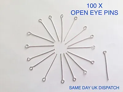 100 X Open Eye Pins 50mm Silver Colour Jewellery Making Earring Findings • £3.49