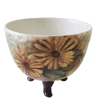 Vtg Vienna Austria Round Brown Footed Bowl Vase Black Eyed Susan Yellow Floral • $9.99