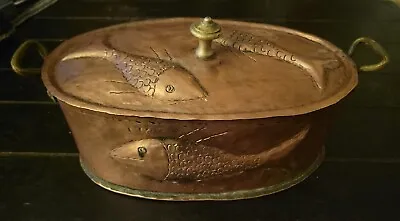 $299 • Buy Antique Handmade French Copper Poissoniere Fish Poacher With Lid & Brass Handles
