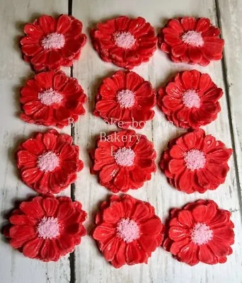 25 Red Daisy Edible Fondant Sugar Cake Wedding Baby  Cupcakes Toppers • £6.50