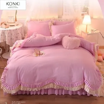 Princess Style Embroidery Cotton Queen King Duvet Cover Ruffle Bedding Set Pink • $199