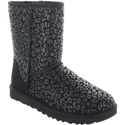 Ugg Women's Sheepskin Classic Short Metallic Snow Leopard Boot Black Size 7 • $69.99