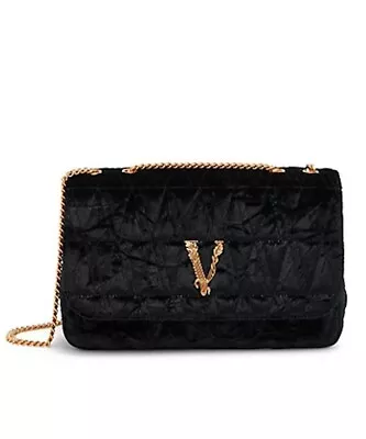 Versace  Virtus Velvet Crossbody Double Chain Quilted Shoulder Bag Black Gold • $3080.37