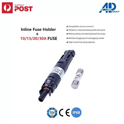 Solar PV Fuse Connector 1000V IP68 For Inline Fuse Holder + Fuse 10/15/20/30A • $22.95