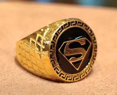 Super Man  Black Enamel  Signet Pattern Classic Ring With Gold Overlay • $350