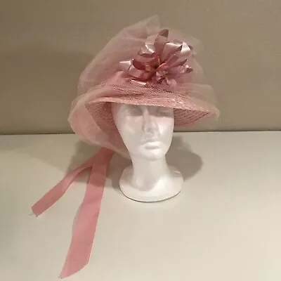 60s Vintage Ribbon Straw Hat Women's Wide Brim Pink Easter Sun Bonnet 6 5/8 • $12