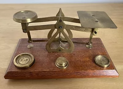 Vintage Small Brass Postal Letter Scales On Wooden Plinth With Weights • $21.58