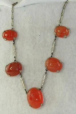 1920's Vintage Antique Sterling Silver Art Deco Carnelian Scarab Necklace • $395