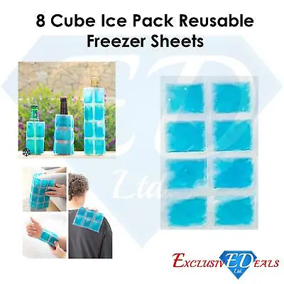 8 Cube Reusable Frozen Pack Gel Freezable Ice Sheets Cooler Bag Picnic Lunch • £2.39