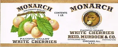 MONARCH LION Brand CHERRIES CHICAGO Illinois 1925 Canned Food Label Art Print • $12.50