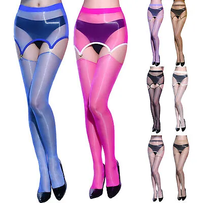 Oily Shiny Pantyhose High Waist Garter Stockings Set Detachable Suspender Tights • $12