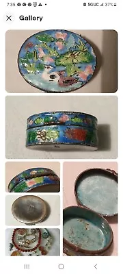 Vtg. ANTIQUE ENAMEL TRINKET MINI BOX CHINESE EXPORT FLOWER SWANS MARKED CHINA • $100