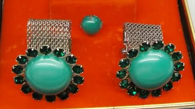 $44.99 • Buy Mesh Cufflinks Set W Tie Tac Green Cabochon Green Glass Silver Tone Suit Vintage