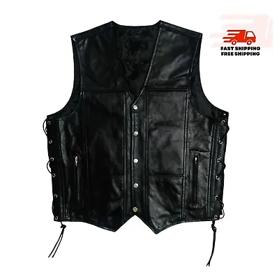 BLACK Leather Men's Motorcycle V-Neck Side Laces Biker Concealed Biker Vest • $64