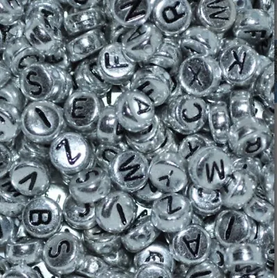 50x Flat Round Silver Colour Alphabet Acrylic Beads 7mm Select Certain Letters • £2.09