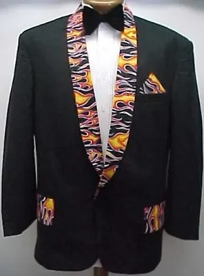 BLACK FLAMES FIRE PRINT VINTAGE PROM TUXEDO SMOKING JACKET Mens Sizes 34 - 42 • $174.95