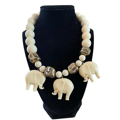 Vintage 70’s African Elephant Necklace Faux Bone Bead Beautiful Ethnic Statement • $29.95