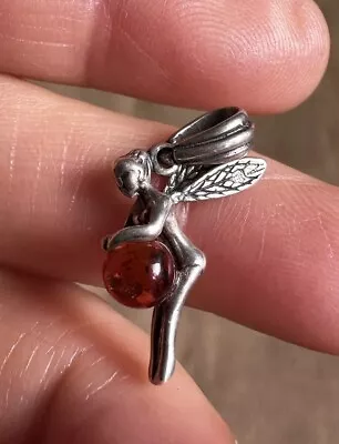 Vintage Tested  Sterling Silver  Fairy With Amber Ball Charm / Pendant • £3.20