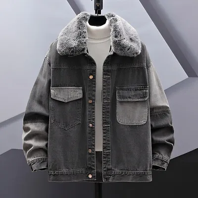 Men Faux Fur Collar Jacket Denim Coat Jean Detachable Preppy Style Loose Winter • $97.89