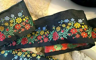 Vintage  Embroidered Silk Ribbon 1940s Flowers 2  Trim 1 Yd Made In France • $23.79