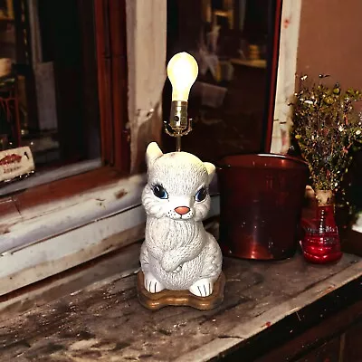 Vintage Chalkware Ceramic Bunny Rabbit Large Table Lamp Hand Painted Wood Base • $48