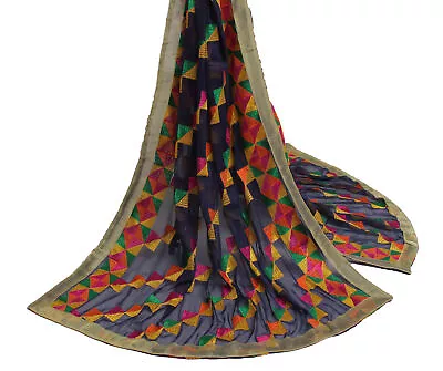 Sushila Vintage Blue Dupatta Blend Chiffon Silk Phulkari Embroidered Long Stole • $32.19