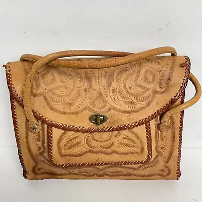 Vintage - Genuine Leather -  Hand Tooled Embossed Mexican Handbag Purse • $25