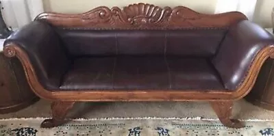 Vintage Caribbean Regency Mahogany Floral Carved Leather Empire Sofa Bali Style • $2795