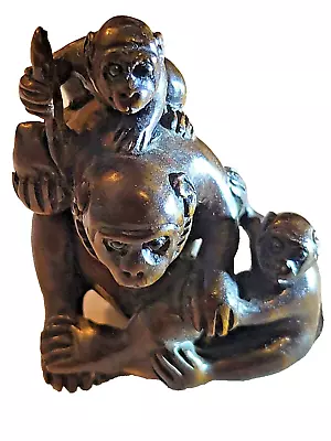 Hand Carved Ironwood Netsuke Gorilla With Babies Signed With Jet Eyes • £38