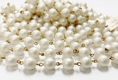 10 FEET VINTAGE HONG KONG SATIN 10mm. PEARL BRASS ROSARY CONTINUOUS CHAIN 1016 • $14.99