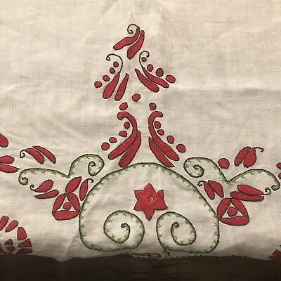 $35 • Buy Vintage Embroidered Tablecloth Red And Green Scroll Design 72” X 78” Christmas