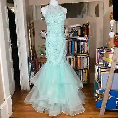£147.47 • Buy Nox Anabel Sequin Mermaid Lace Train Turquoise Gown Prom Event Dress Small