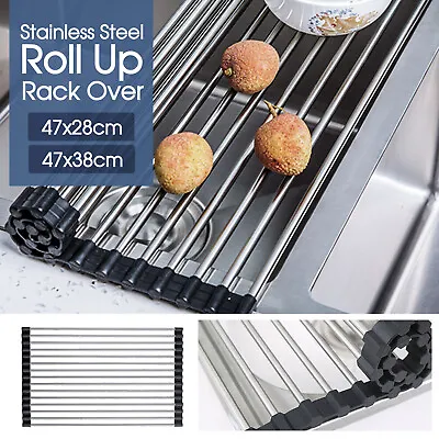 Dish Rack Drying Drainer Over Sink Stainless Steel Rack Roll Up Foldable Kitchen • $11.99