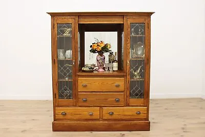 Craftsman Antique Oak & Leaded Glass Bar Or Display Cabinet #48539 • $3500