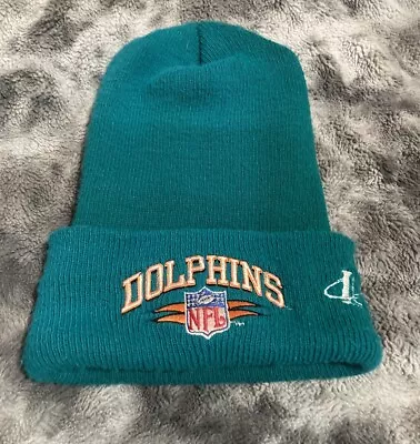 Vintage Miami Dolphins Beanie Cuffed Knit Winter Sport Turquoise Pro Line Hat • $20