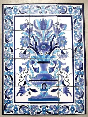 Ceramic Tile Art Mosaic Wall Mural Panel Vase Floral Blue BACKSPLASH 18  X 24  • $125