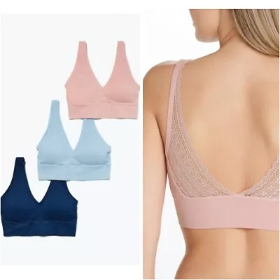   NEW Matalan 3 Pack Seam Free Lace Trim Padded Bralettes Pink Blue (G823/1154) • £9.99