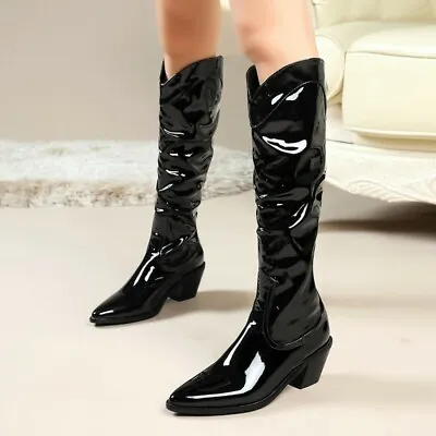 $48.08 • Buy Womens Patent Leather Mid Heels Knee High Riding Boots Pointed Toe Western Shoes