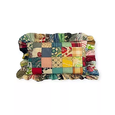 Vintage Patchwork Pillow 18” X 26” Decorative Feedsack Boho Ruffle~Down Feathers • $26.21