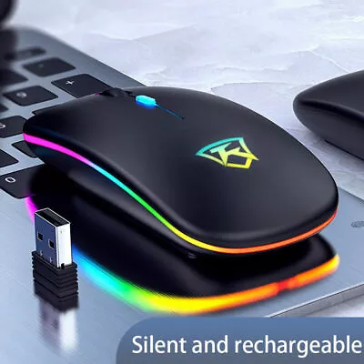 £10.99 • Buy Slim Silent Rechargeable Wireless Mouse RGB LED USB Mice MacBook Laptop PC UK