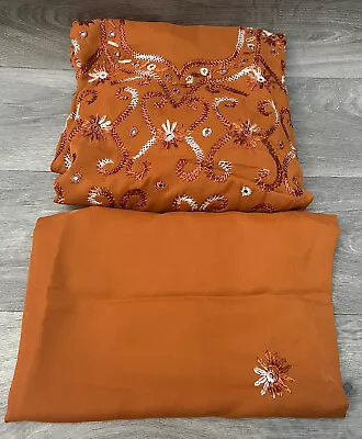 Salwar Kameez Orange Embroidered Unstitched Indian Pakistani Sindhi Mirror Work • £19.99